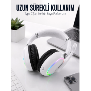 Beyaz Bluetooth 5.0 Mikrofonlu Kablosuz Kulak Üstü Kulaklık Rgb Işıklı Type-c Şarjlı