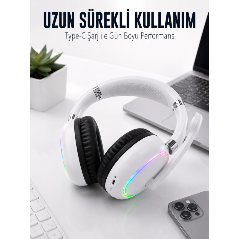 Beyaz Bluetooth 5.0 Mikrofonlu Kablosuz Kulak Üstü Kulaklık Rgb Işıklı Type-c Şarjlı
