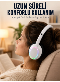 Beyaz Kablosuz Bluetooth Kulaklık Mikrofonlu Ergonomik Kulak Üstü Tasarım