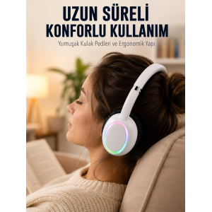 Beyaz Kablosuz Bluetooth Kulaklık Mikrofonlu Ergonomik Kulak Üstü Tasarım