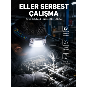 Beyaz Led Işık Sensörlü Kafa Lambası Lityum Batarya Led El Fenerli Şarjlı