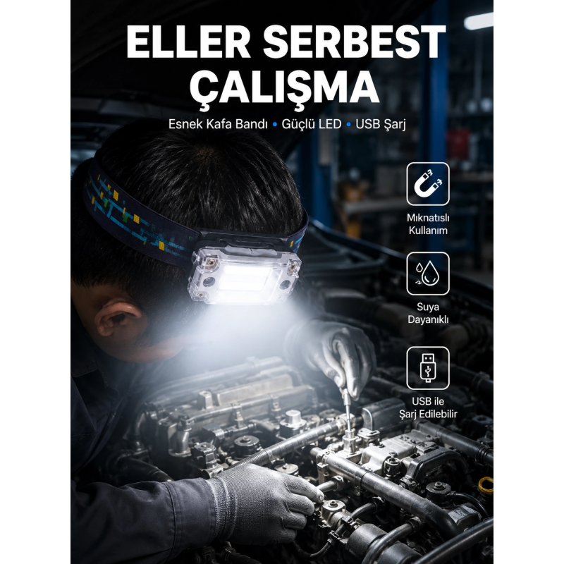 Beyaz Led Işık Sensörlü Kafa Lambası Lityum Batarya Led El Fenerli Şarjlı Beyaz Led Işık Sensörlü Kafa Lambası Lityum Batarya Led El Fenerli Şarjlı