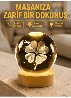 Bitki Temalı Led Işıklı Cam Küre Ahşap Standlı Modern Gece Lambası