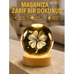 Bitki Temalı Led Işıklı Cam Küre Ahşap Standlı Modern Gece Lambası