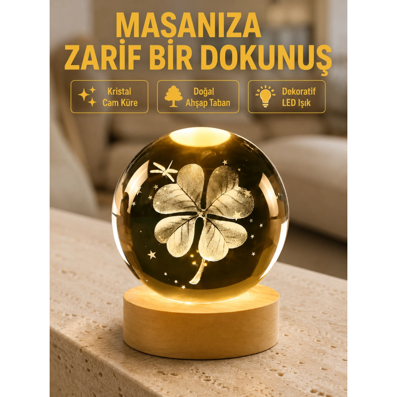 Bitki Temalı Led Işıklı Cam Küre Ahşap Standlı Modern Gece Lambası Bitki Temalı Led Işıklı Cam Küre Ahşap Standlı Modern Gece Lambası