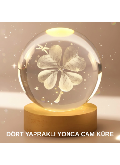 Bitki Temalı Led Işıklı Cam Küre Ahşap Standlı Modern Gece Lambası