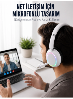 Bluetooth 5.0 Beyaz Kulak Üstü Kablosuz Kulaklık Mikrofonlu Rgb Aydınlatmalı