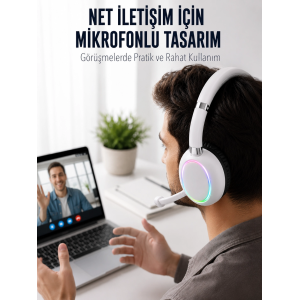 Bluetooth 5.0 Beyaz Kulak Üstü Kablosuz Kulaklık Mikrofonlu Rgb Aydınlatmalı