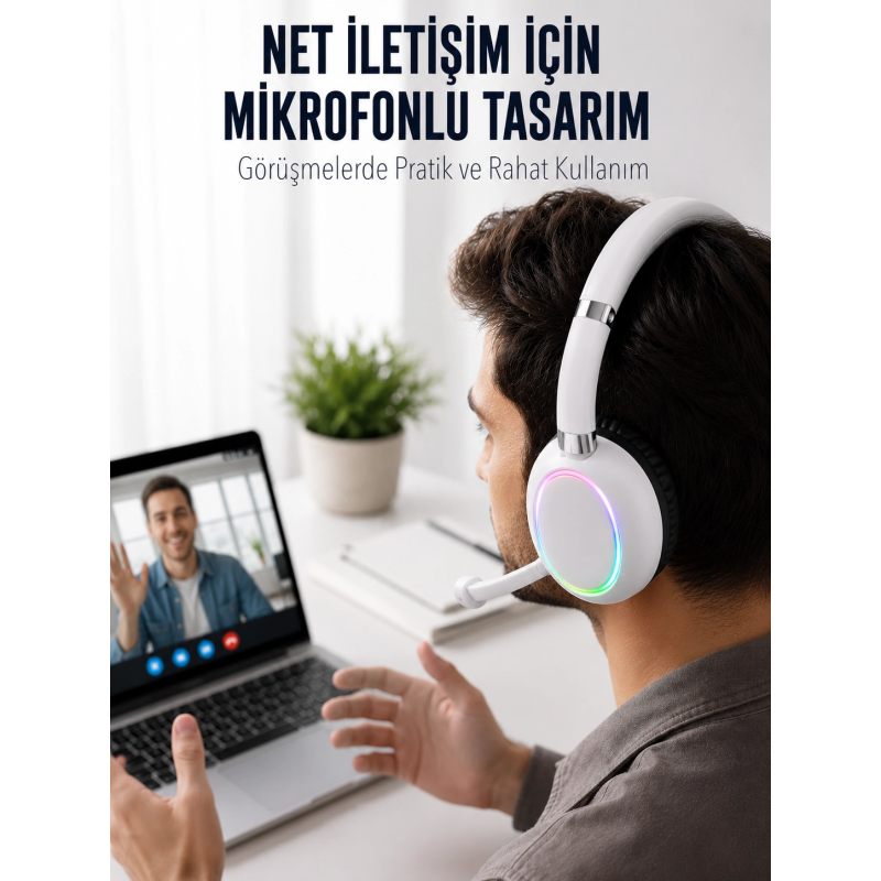 Bluetooth 5.0 Beyaz Kulak Üstü Kablosuz Kulaklık Mikrofonlu Rgb Aydınlatmalı Bluetooth 5.0 Beyaz Kulak Üstü Kablosuz Kulaklık Mikrofonlu Rgb Aydınlatmalı