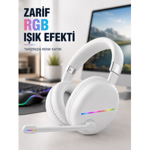 Bluetooth 5.0 Beyaz Kulak Üstü Kablosuz Kulaklık Mikrofonlu Rgb Aydınlatmalı