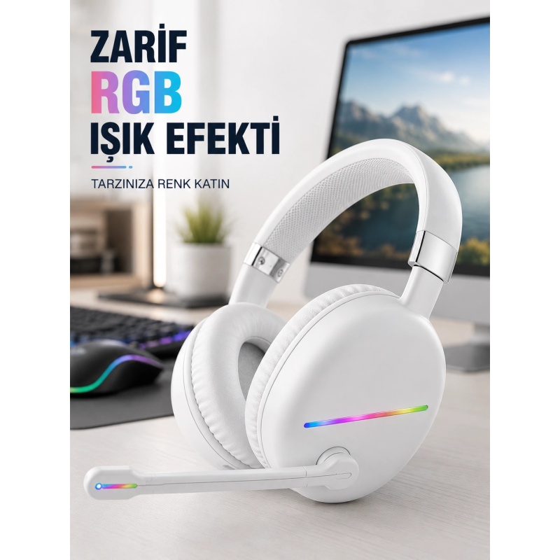 Bluetooth 5.0 Beyaz Kulak Üstü Kablosuz Kulaklık Mikrofonlu Rgb Aydınlatmalı Bluetooth 5.0 Beyaz Kulak Üstü Kablosuz Kulaklık Mikrofonlu Rgb Aydınlatmalı