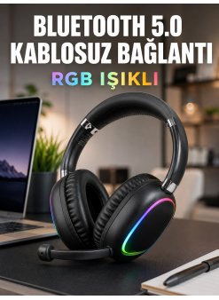 Bluetooth 5.0 Kablosuz Kulak Üstü Kulaklık Mikrofonlu Rgb Aydınlatmalı