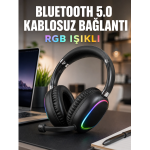 Bluetooth 5.0 Kablosuz Kulak Üstü Kulaklık Mikrofonlu Rgb Aydınlatmalı