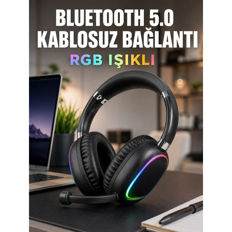 Bluetooth 5.0 Kablosuz Kulak Üstü Kulaklık Mikrofonlu Rgb Aydınlatmalı Bluetooth 5.0 Kablosuz Kulak Üstü Kulaklık Mikrofonlu Rgb Aydınlatmalı