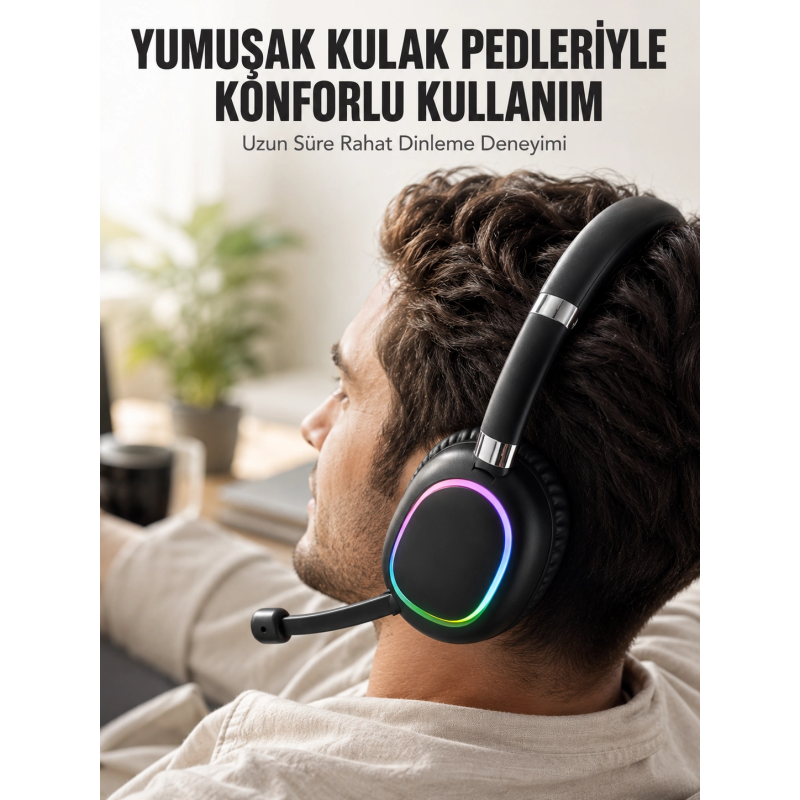 Bluetooth 5.0 Rgb Işıklı Mikrofonlu Kablosuz Kulak Üstü Kulaklık Bluetooth 5.0 Rgb Işıklı Mikrofonlu Kablosuz Kulak Üstü Kulaklık