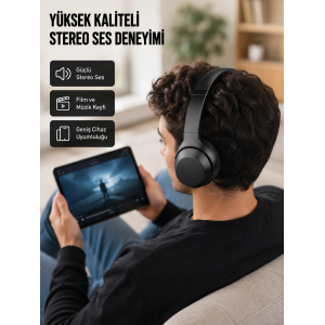 Bluetooth 5.0 Siyah Kablosuz Kulaklık 18 Saat Batarya Katlanabilir Tasarım Yeni Nesil
