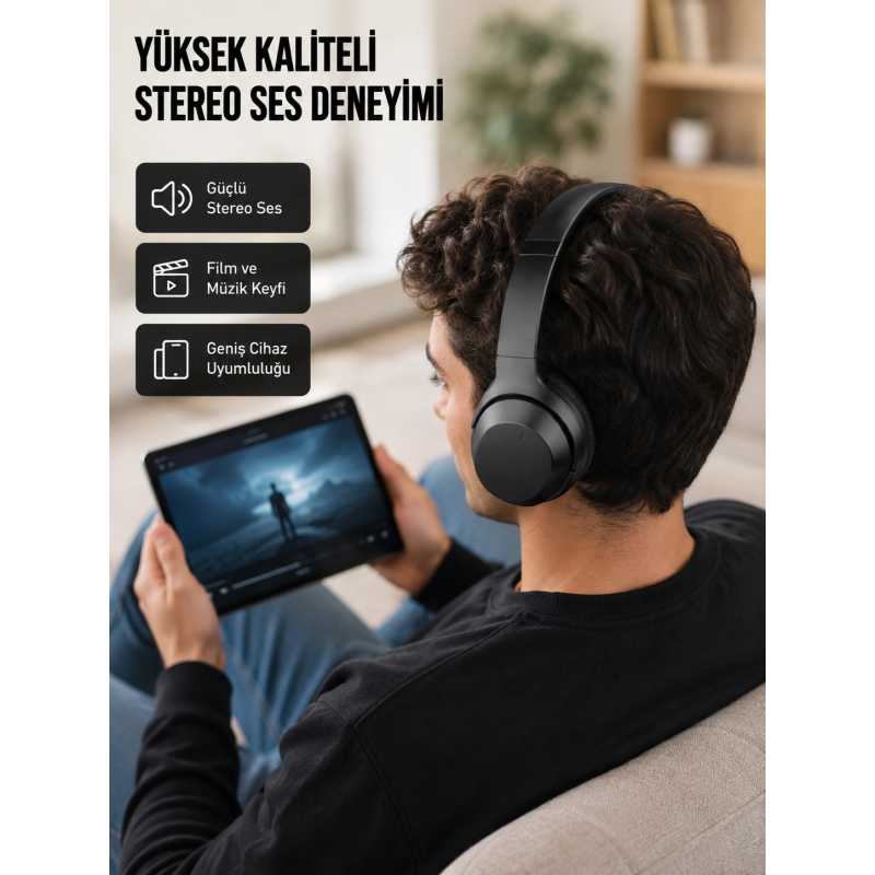 Bluetooth 5.0 Siyah Kablosuz Kulaklık 18 Saat Batarya Katlanabilir Tasarım Yeni Nesil Bluetooth 5.0 Siyah Kablosuz Kulaklık 18 Saat Batarya Katlanabilir Tasarım Yeni Nesil