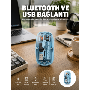 Bluetooth 5.2 Destekli Mavi Pilli Kablosuz Mouse Yeni Nesil