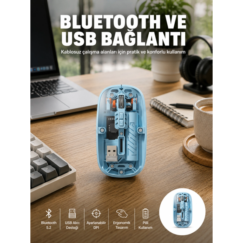 Bluetooth 5.2 Destekli Mavi Pilli Kablosuz Mouse Yeni Nesil Bluetooth 5.2 Destekli Mavi Pilli Kablosuz Mouse Yeni Nesil