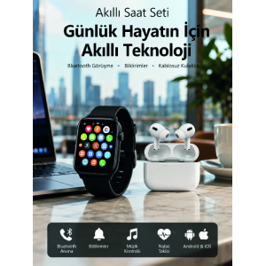 Bluetooth Arama Özellikli Akıllı Saat Seti Kablosuz Kulaklık Hediyeli, Android & İos Uyumlu