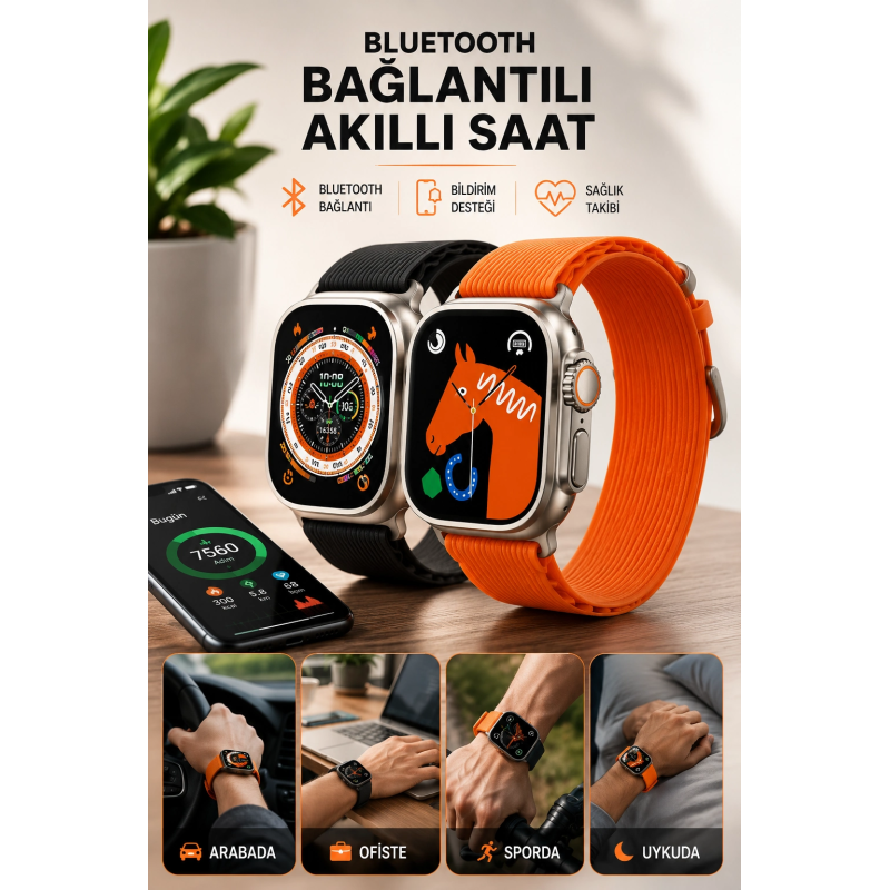 Bluetooth Bağlantılı 49mm Dokunmatik Akıllı Saat Sağlık Ve Spor Takip Özellikli Bluetooth Bağlantılı 49mm Dokunmatik Akıllı Saat Sağlık Ve Spor Takip Özellikli