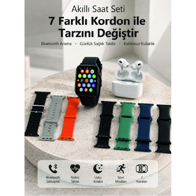 Bluetooth Görüşme Destekli Akıllı Saat Seti Kablosuz Kulaklık, 7 Kordon Ve Çoklu Spor Modu Bluetooth Görüşme Destekli Akıllı Saat Seti Kablosuz Kulaklık, 7 Kordon Ve Çoklu Spor Modu