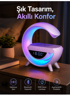 Bluetooth Hoparlör 15w Kablosuz Hızlı Şarj Led Gece Lambası