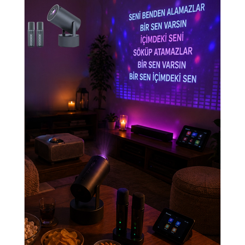 Bluetooth Hoparlörlü Akıllı Projektör Kablosuz Karaoke Mikrofonlu Bluetooth Hoparlörlü Akıllı Projektör Kablosuz Karaoke Mikrofonlu
