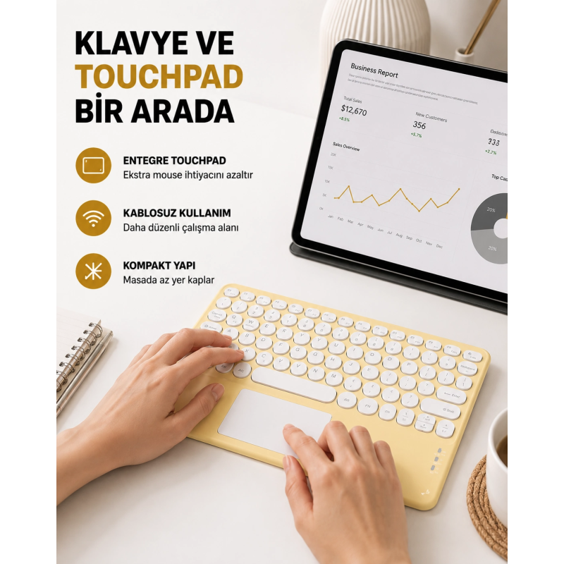 Bluetooth Klavye – Kablosuz, Sessiz Tuşlu, Android İos Windows Uyumlu, Kompakt Taşınabilir Tasarım Bluetooth Klavye – Kablosuz, Sessiz Tuşlu, Android İos Windows Uyumlu, Kompakt Taşınabilir Tasarım