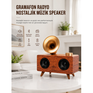 Bluetooth Nostalji Speaker Radyo Gramofon Ahşap Renk Vintage Yeni Nesil