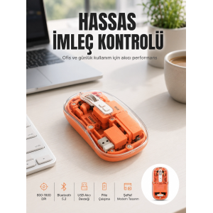 Bluetooth Ve Usb Destekli Kablosuz Şeffaf Mouse Sessiz Kullanım Yeni Nesil