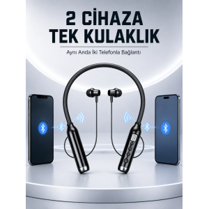 Boyun Bantlı Bluetooth Kulaklık Dijital Ekranlı Mikrofonlu Çift Telefon Bağlantılı Kablosuz Müzik Ve Görüşme Kulaklığı