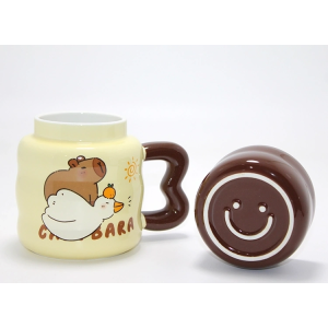 Capybara Tasarımlı Isı Muhafazalı Kapaklı Porselen Bardak Bardak Alk5043