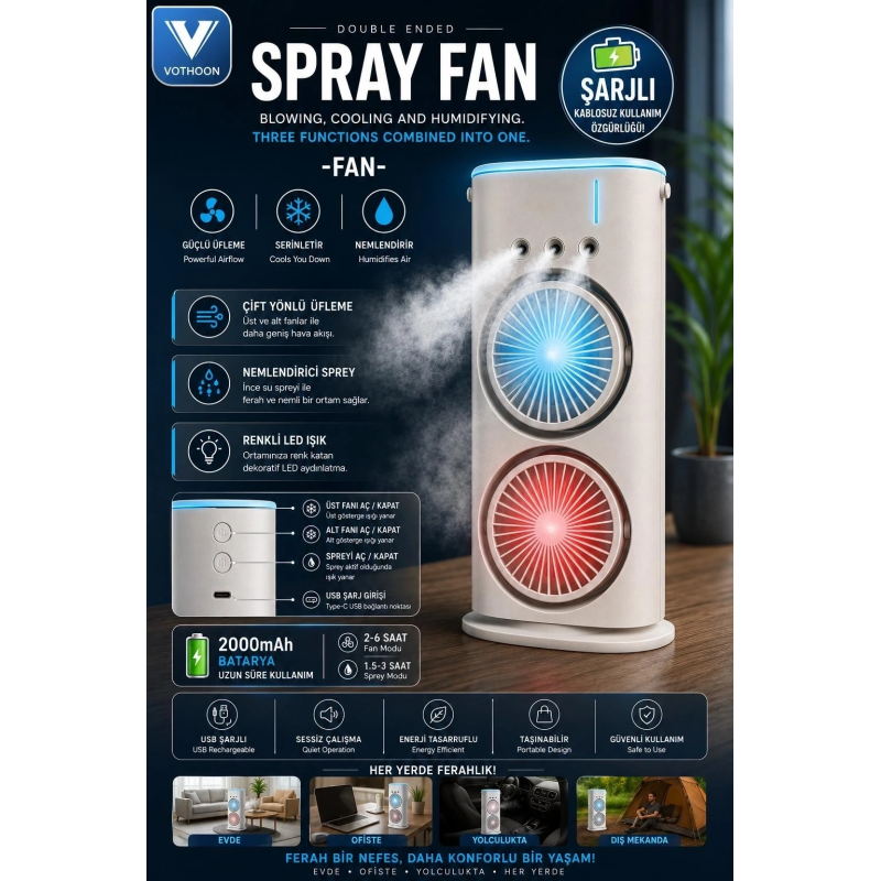 Çift Başlıklı Sprey Fan Nemlendirici Ve Renkli Led Işıklı Beyaz Çift Başlıklı Sprey Fan Nemlendirici Ve Renkli Led Işıklı Beyaz
