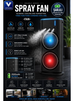 Çift Başlıklı Sprey Fan Nemlendirici Ve Renkli Led Işıklı Siyah
