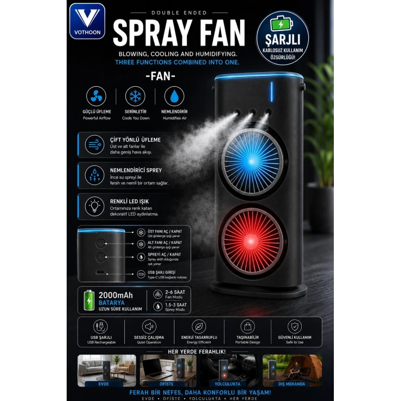 Çift Başlıklı Sprey Fan Nemlendirici Ve Renkli Led Işıklı Siyah Çift Başlıklı Sprey Fan Nemlendirici Ve Renkli Led Işıklı Siyah