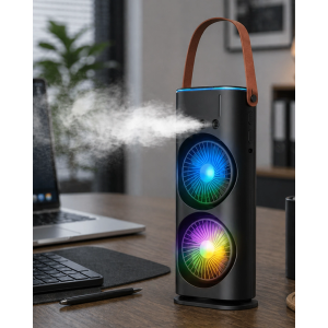Çift Başlıklı Taşınabilir Fan Rgb Işıklı Sprey Nemlendiricili Masaüstü Serinletici Fan