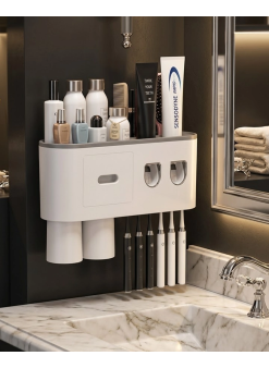 Çift Dispenserli Diş Macunu Sıkacağı 6 Fırçalık Bardaklı Banyo Organizer