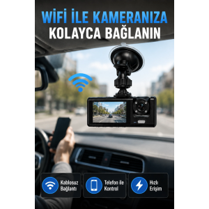 Çift Kameralı Wifi Araç Kamerası 170° Geniş Açı Full Hd Araç İçi Kayıt Sistemi
