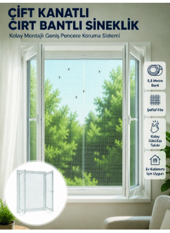 Çift Kanatlı Cırt Bantlı Pencere Sinekliği Kolay Montajlı Beyaz File