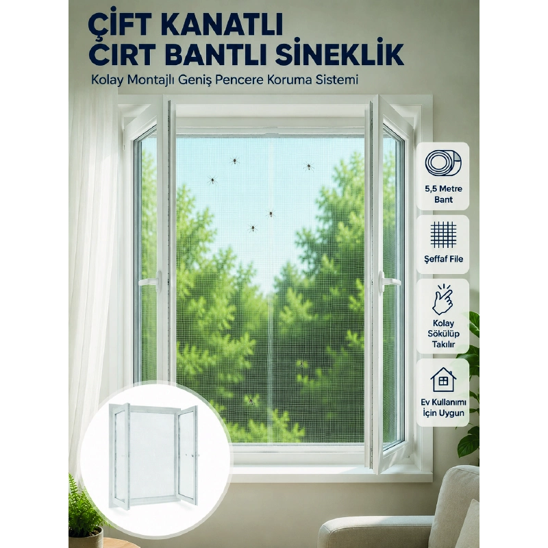 Çift Kanatlı Cırt Bantlı Pencere Sinekliği Kolay Montajlı Beyaz File Çift Kanatlı Cırt Bantlı Pencere Sinekliği Kolay Montajlı Beyaz File