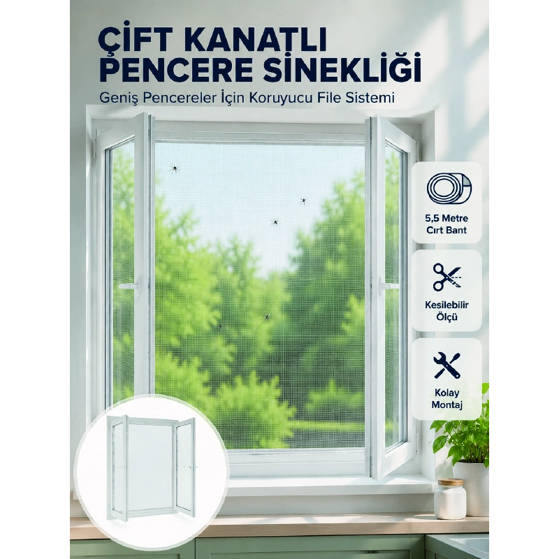 Çift Kanatlı Pencere Filesi Cırt Bantlı Sineklik Kolay Takılır Çift Kanatlı Pencere Filesi Cırt Bantlı Sineklik Kolay Takılır