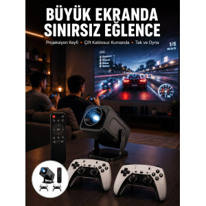 Çift Kollu Game Box Projeksiyon Cihazı Kumandalı Android Tv Dahili Hoparlör Yeni Nesil