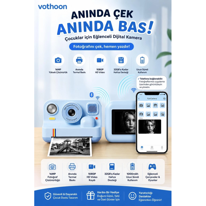 Çocuk Anında Baskılı Fotoğraf Makinesi 16mp Dijital Kamera 1080p Video Wifi Telefon Destekli Çocuk Anında Baskılı Fotoğraf Makinesi 16mp Dijital Kamera 1080p Video Wifi Telefon Destekli