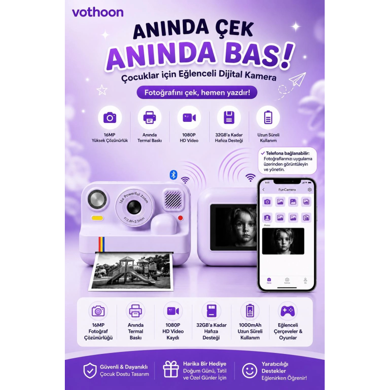 Çocuk Anında Baskılı Fotoğraf Makinesi 16mp Dijital Kamera 1080p Video Wifi Telefon Destekli Çocuk Anında Baskılı Fotoğraf Makinesi 16mp Dijital Kamera 1080p Video Wifi Telefon Destekli