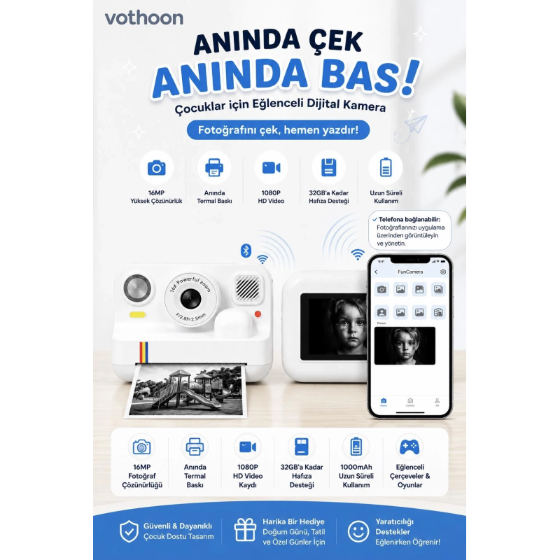 Çocuk Anında Baskılı Fotoğraf Makinesi 16mp Dijital Kamera 1080p Video Wifi Telefon Destekli Çocuk Anında Baskılı Fotoğraf Makinesi 16mp Dijital Kamera 1080p Video Wifi Telefon Destekli