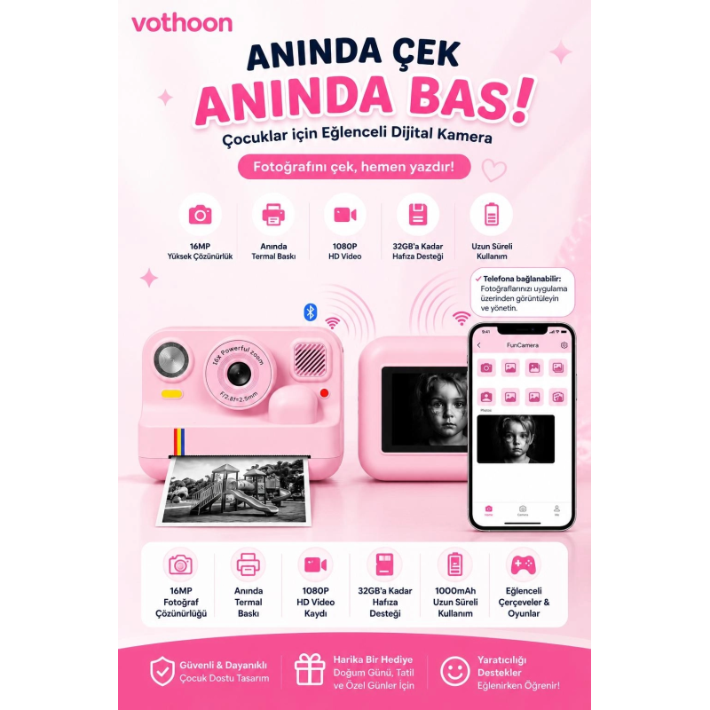 Çocuk Anında Baskılı Fotoğraf Makinesi 16mp Dijital Kamera 1080p Video Wifi Telefon Destekli Çocuk Anında Baskılı Fotoğraf Makinesi 16mp Dijital Kamera 1080p Video Wifi Telefon Destekli