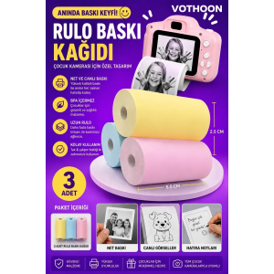 Çocuk Fotoğraf Makinesi Yedek Termal Baskı Kağıdı Renkli (3 Lü Rulo) – 57x25mm