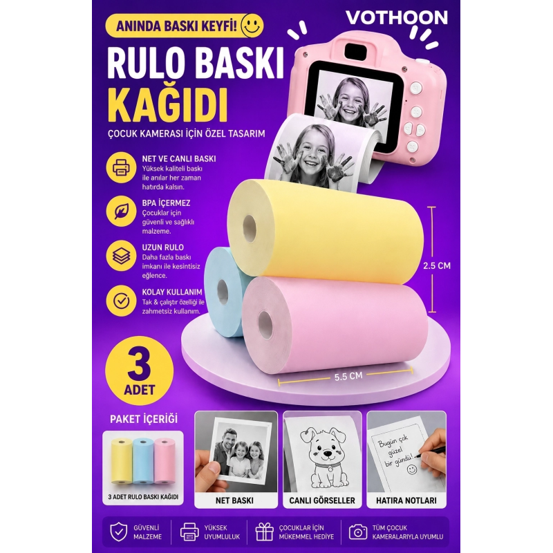 Çocuk Fotoğraf Makinesi Yedek Termal Baskı Kağıdı Renkli (3 Lü Rulo) – 57x25mm Çocuk Fotoğraf Makinesi Yedek Termal Baskı Kağıdı Renkli (3 Lü Rulo) – 57x25mm