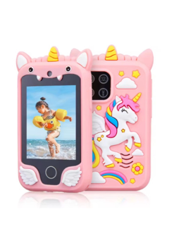 Çocuklar İçin Eğitici Telefon Dokunmatik Ekran Çift Kameralı Fenerli Müzik Çalar Oyun Video Pembe
